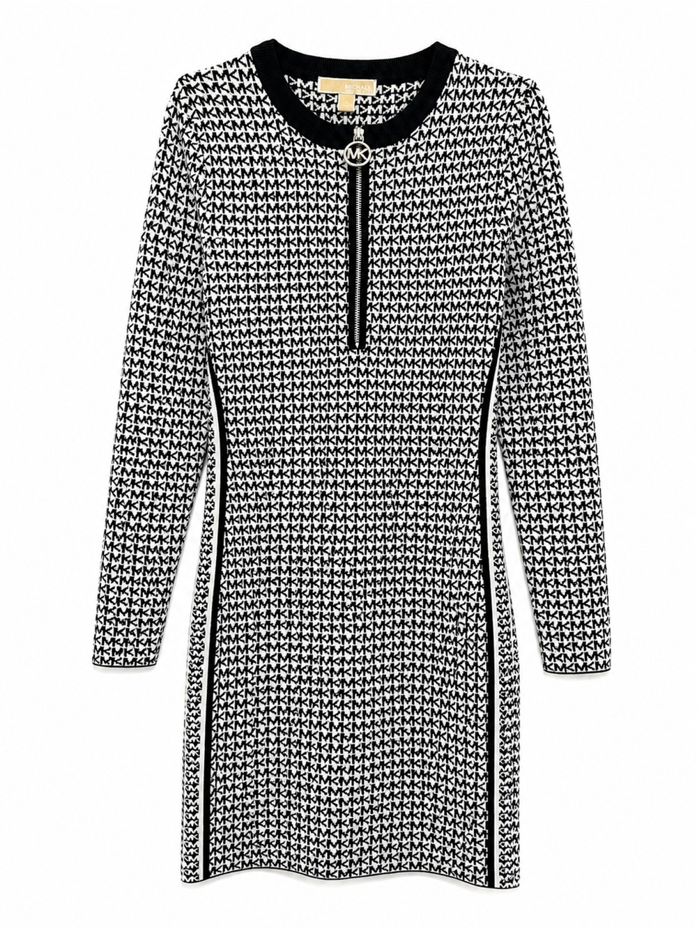 Michael Kors Black & White Logo Zip-Front Long Sleeve Dress